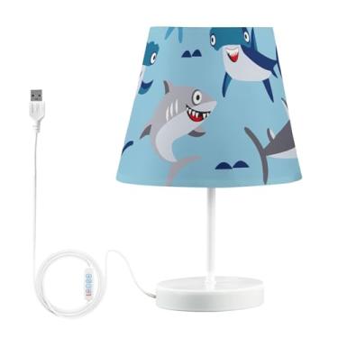 Imagem de GAIGEO Candeeiro de mesa de cabeceira USB azul com desenho de tubarões fofos lâmpadas de cabeceira brilhantes para mesinhas noturnas, lâmpada noturna quente regulável para quarto de crianças