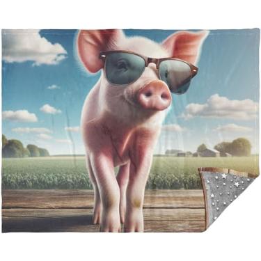 Imagem de Cobertor engraçado de porco fofo 177,8 cm x 139,7 cm cobertores macios xadrez para mulheres verde personalizado grande cobertor