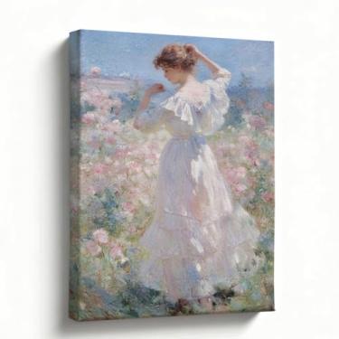 Imagem de Arte de parede de pintura a óleo em tela, vestido de mulher de branco andando pelo campo de flores, decoração de paisagem floral pastoral para sala de estar, quarto, 20 x 25 cm