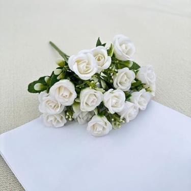 Imagem de Mini buquê de rosas artificiais - flores falsas realistas para decoração de sala de estar, pequeno arranjo floral portátil (branco)