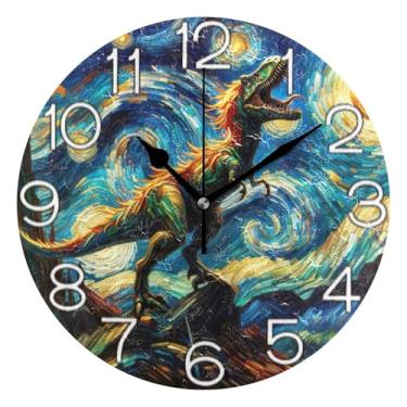 Imagem de GAIGEO Colorfu Art Dinossauro Noite Estrelada Analógico Relógio de Parede Decorativo Relógio de Cozinha Bonito Operado por Bateria Silencioso, Decoração de Parede Art Déco Retro Moderna, 25 cm