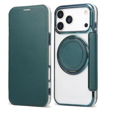 Imagem de Capa carteira para iPhone 17 Pro com 3 compartimentos para cartão, bloqueio RFID, suporte de anel giratório de 360° e compatibilidade magnética, capa traseira transparente à prova de choque, suporta