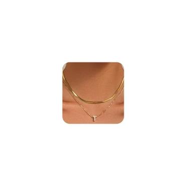 Imagem de KLSURPRISE2 Colar feminino com letra mini bolha – Colar delicado com inicial de zircão banhado a ouro 18 k manchado espinha de peixe em camadas para presente, Large, Cobre, Zircão