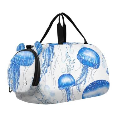 Imagem de Bolsa esportiva para meninos, bolsa de viagem noturna, bolsa de viagem com alça de ombro fofa verde sapo abelha, Linda água-viva azul, Clássico