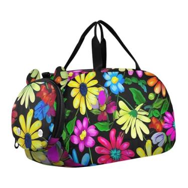 Imagem de Sacola de viagem com glitter rosa vibrante para meninas, bolsas de viagem para fim de semana, bolsa esportiva infantil para meninos, Margaridas coloridas vibrantes pretas, Clássico