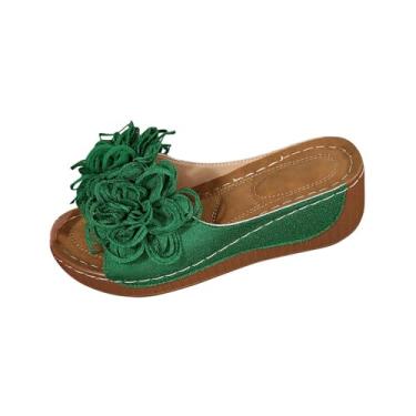 Imagem de Pantufas femininas modernas, casuais, estilo verão, cor sólida, boca de peixe, sola grossa, Verde, 39