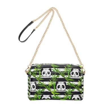 Imagem de Joitme Bolsa tiracolo listrada de bambu verde urso panda para mulheres, bolsa para celular, bolsa de ombro de couro PU, alça de corrente