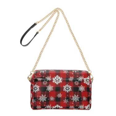 Imagem de Joitme Bolsa feminina xadrez vermelha preta com flocos de neve de Natal, bolsa tiracolo para celular, linda bolsa de ombro de couro sintético com alça de corrente