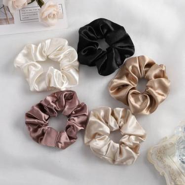 Imagem de Tiara feminina de rabo de cavalo de cetim grosso – Scrunchies de cabelo de seda sintética para todos os tipos e texturas de cabelo (creme de champanhe marrom claro café preto, cetim)