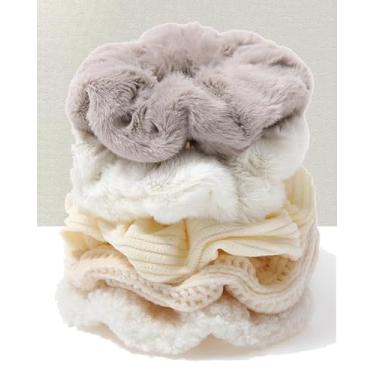 Imagem de Faixa de cabeça de pelúcia grossa moderna para mulheres - Conjunto de elásticos de cabelo de rabo de cavalo moderno para todos os tipos e texturas de cabelo (branco cremoso, 5 peças)