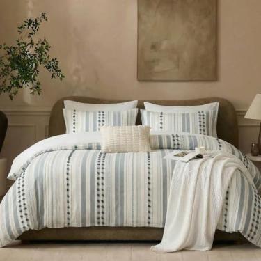 Imagem de COZALINE Capa de edredom 100% algodão tamanho Queen – Conjunto de cama listrado cinza amarelo com detalhes bordados, 3 peças ultramacias e respiráveis, estilo boêmio, estilo fazenda natural