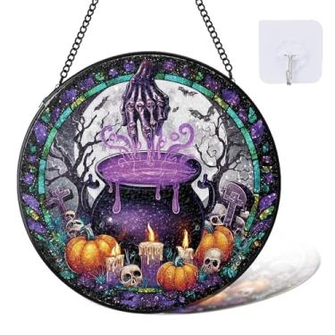 Imagem de CozyNestCY Captador de sol redondo de bruxa mágica de Halloween com corrente de metal e ganchos, lápide assustadora, apanhadores de sol, arte de interior, decoração de casa para mulheres e meninas
