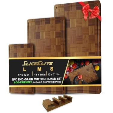 Imagem de SliceElite Conjunto de tábua de corte de bambu extragrande de 3 peças de tábua de cortar madeira de grão final com suporte, pés antiderrapantes, sulco de suco, acabamento pré-oleado, GG, tábuas de