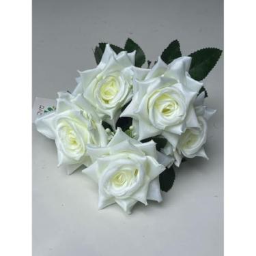 Imagem de Rosa Artificial com 5 flores (De ponta)(Marfim,Kit com 3 Unidades)