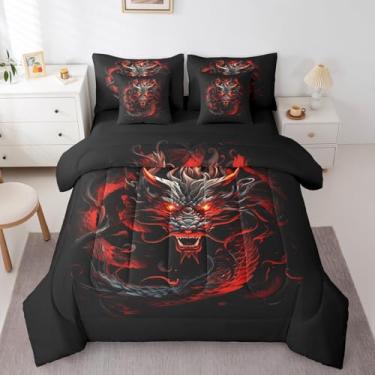 Imagem de Cama de dragão vermelho preto em uma bolsa, tamanho casal, conjunto de 7 peças de edredom para crianças, meninos, homens e adultos, animais selvagens, estilo mágico legal com edredom, conjuntos de