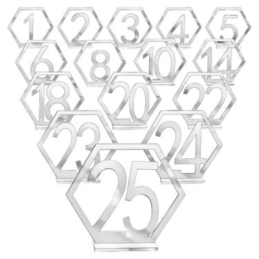 Imagem de LUMINFLY Números de mesa de acrílico prateados refletivos 1-25, design hexagonal moderno vazado com suportes, perfeito para casamentos, festas e restaurantes