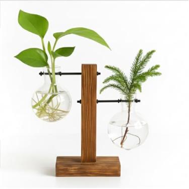 Imagem de Vaso Duplo Vidro Planta Suporte Madeira Sofisticado Decorativo Mesa Decoração Escandinava Premium