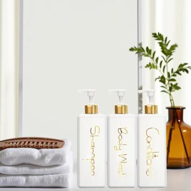 Imagem de 3 frascos dispensadores de gel de banho e loção de 500 ml – Recipientes de plástico resistentes e à prova de vazamento com etiquetas à prova d'água, reutilizáveis, adequados para hotéis, academias e