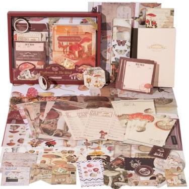 Imagem de JOYCHOIC Kit de diário vintage, material de diário de lixo de cogumelo, materiais de scrapbook marrom, grande coleção de álbuns de recortes estéticos para mulheres, artesanato, adultos diários