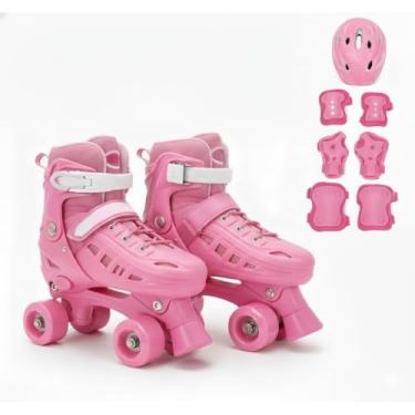 Imagem de Patins Infantil Ajustável com Kit Proteção - Freio Segurança e Botão Push(Quad ROSA + KIT,P 29-32)