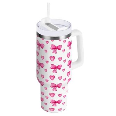 Imagem de SEHANY Copo fofo com laço rosa de 1,134 g com alça, copo isolado de aço inoxidável a vácuo de parede dupla, à prova de vazamento, caneca de café isolada para viagem cabe no suporte de copo de carro