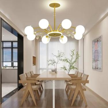 Imagem de Lustre E27 de meados do século XX, lustre de cristal com cúpula de vidro esférica, iluminação moderna estilo Sputnik, luminária pendente com galho dourado para restaurante, quarto, sala de e