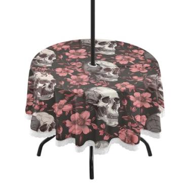Imagem de Wassud Toalha de mesa redonda para uso ao ar livre com guarda-chuva, caveiras e flores, toalhas de mesa de pátio de 152 cm para aniversário, casa de fazenda, cozinha