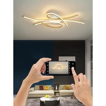 Imagem de Luminária de teto LED moderna, semi-embutida, preta, com regulagem de intensidade e controle remoto. Ideal para sala de estar, quarto, escritório ou sala de estudos (Dourada, 80cm).