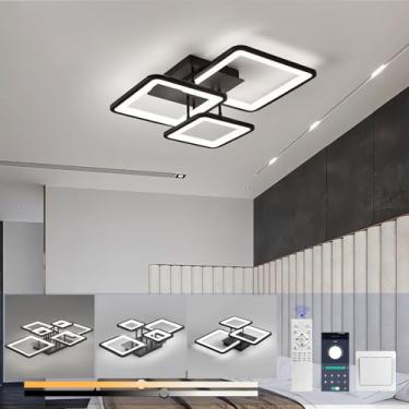 Imagem de Luminária de teto LED preta, retangular e dimerizável, com controle remoto. Ideal para sala de estar, quarto, cozinha, sala de jantar, escritório e corredor (3 lâmpadas).