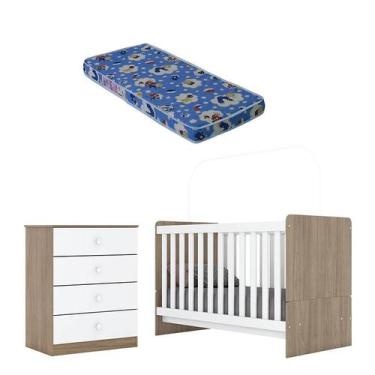 Imagem de Berço Nacional e Cômoda Infantil Labirinto Rústico Branco Brilho com C