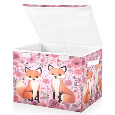 Imagem de Blueangle Cestos de armazenamento fofos raposas com tampas, 42 x 32 x 30 cm, grande cesta organizadora dobrável para decoração de escritório e armário (414)
