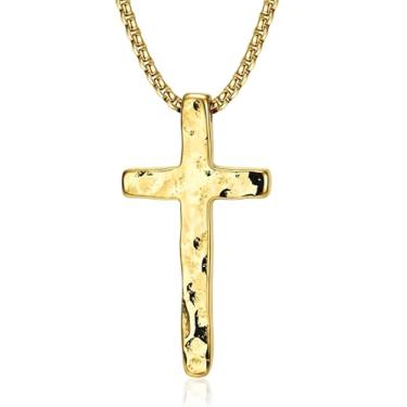 Imagem de MUSECLOUD Colar de corrente de cruz de prata para homens: Colares com pingente de cruzes de aço inoxidável 316L martelado com correntes de caixa joias de Natal cristãs forjadas à mão para homens e