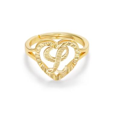 Imagem de KELORIS PATH Anéis com inicial de ouro para mulheres, anel de letra de coração ajustável 14K, joias modernas delicadas e não manchadas, presentes de Dia dos Namorados, Latão, Zircônia cúbica