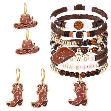 Imagem de 7 Peças Estilo Country Pulseiras Elásticas com 2 Pares de Brincos, Pulseiras Empilháveis Estilo Boho com Pingentes de Chapéu e Botas Cowboy para Mulheres Presente Natal e Aniversário