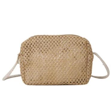 Imagem de Bolsa de praia de verão bolsa transversal de grande capacidade cáqui casual de palha bolsa de ombro quadrada de tecido vazado (Cáqui)