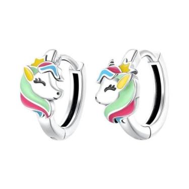 Imagem de Brincos De Prata 925 Unicórnio Arco-Íris Com Pedra Preciosa Brilhante 