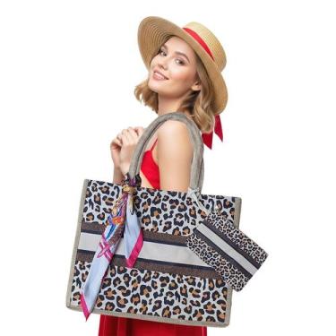 Imagem de Kit Bolsa de Praia Animal Print + Carteira de Mão + Lenço Cetim 50x50 
