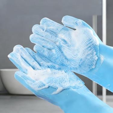 Imagem de Luvas de limpeza de silicone – Luvas de limpeza para cozinha e banheiro, luvas impermeáveis para lavar louça com escovas embutidas