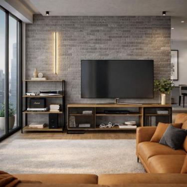 Imagem de Combo Sala Rack e Estante Mel Industrial Ferro Preto Kit - LaCasaMia