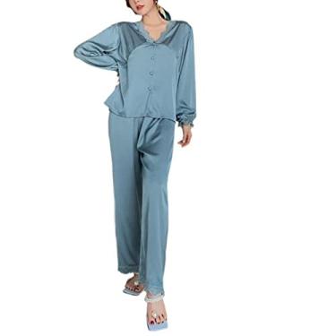 Imagem de HHHJQFAAT Pijama feminino Foux Silk Pijama feminino primavera e outono cardigã de renda manga comprida terno de serviço doméstico G 2780smok (2780smokegray grande)