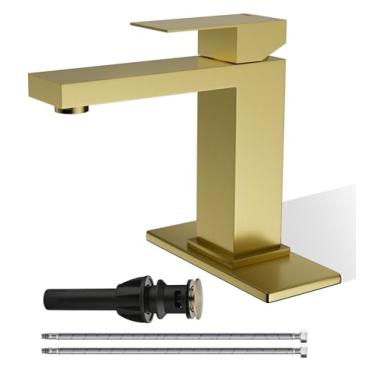 Imagem de BATH FAMOLI Torneira de banheiro dourada escovada, torneira de banheiro de orifício único, torneiras modernas de banheiro de aço inoxidável de alça única para pia 1 orifício com rolha de drenagem