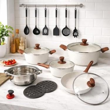 Imagem de Jogo de Panelas 18 Peças Branco Revestimento Cerâmico Premium Com Tampas de Vidro Antiaderente