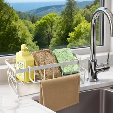 Imagem de Suporte de esponja para pia de cozinha 304 organizador de pia inoxidável à prova de ferrugem para pano de prato, sabão e escovas, branco