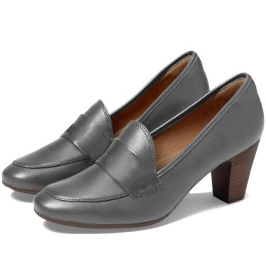 Imagem de SHODENSE Sapatos femininos com salto gatinho grosso, bico redondo, fechado, sem fecho, mocassim de camurça, fosco, salto médio, sapato loafer bico amêndoa, confortável, sapatos Oxford, escritório