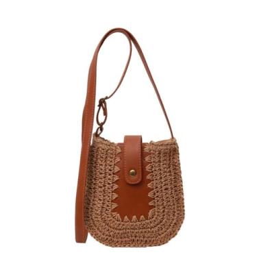 Imagem de Bolsas transversais de tecelagem de palha bege portátil versátil bolsa de ombro feminina moderna cáqui PU bolsa de verão (cáqui)