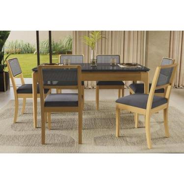 Imagem de Conjunto Mesa Mira Premium Madeira Maciça c/ Tampo Madeirado c/ Vidro 