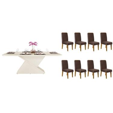 Imagem de Sala de Jantar Completa Zafira c/ Tampo Madeirado c/ Vidro Curvo 200x100cm e 8 Cadeiras Lia Off White - Freijo/Suede Moca - DJ Móveis