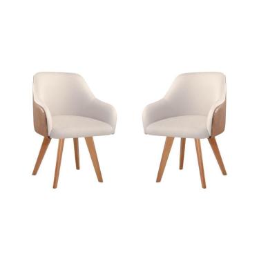 Imagem de Conjunto Poltronas Decorativa Hera Linho Nude Couro Caramelo Com Pés Em Madeira