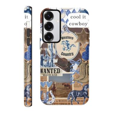 Imagem de Vulfwela Capa para celular Galaxy S25 5G 6,2 polegadas retrô cowboy cowgirl, capa de telefone 2 em 1 Wild West Country Cowgirl chapéu protetor retrô à prova de choque cavalos cactos colagem Western