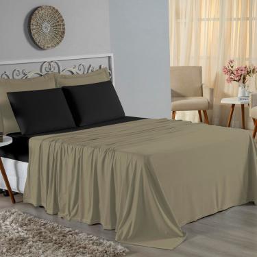 Imagem de Jogo De Cama King Nobre 4 Peças Lençol Com Elástico De 30cm De Altura Malha 100% Algodão - Avelã / Preto